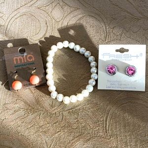 Faux Pearl Bracelet with Topaz Pink Colored Earrings